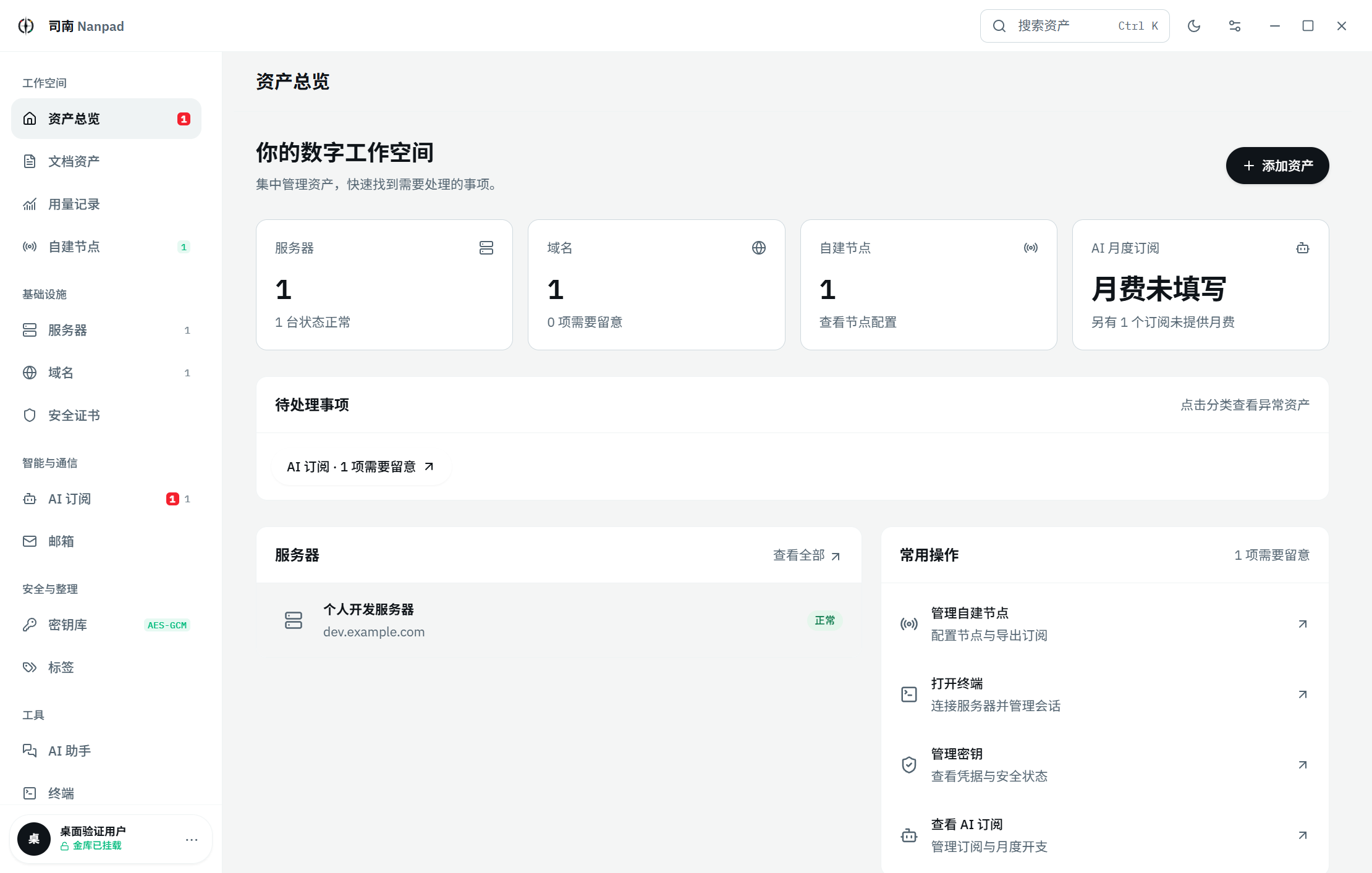 司南资产总览：资产摘要、待处理事项和服务器列表